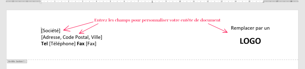 Exemple d’entête : « Société, Adresse, Ville, Code postal, Tel, Fax, Logo »