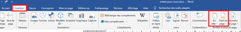Menu d'insertion  d'en-tête et de Pied de page