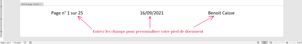 Exemple de pied de page : « N° de page, Nombre total de pages, Date et Auteur »