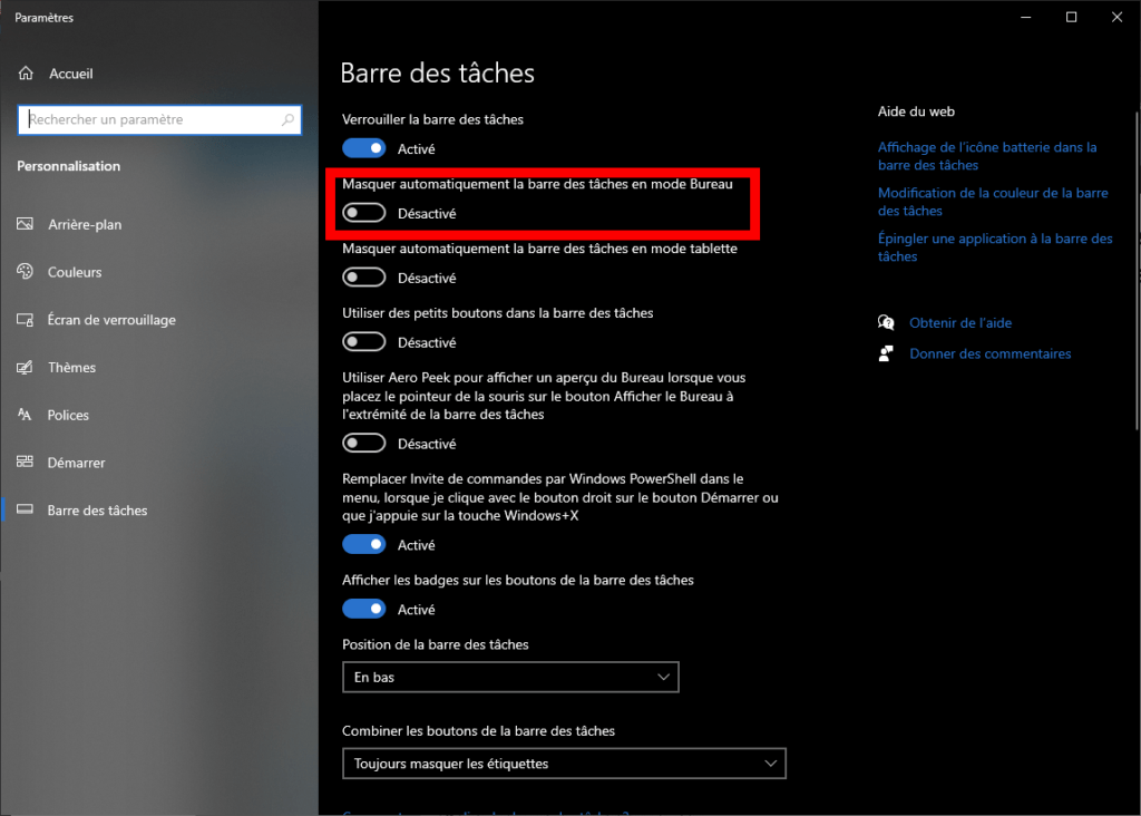 Masquer la barre des tâches de Windows 10