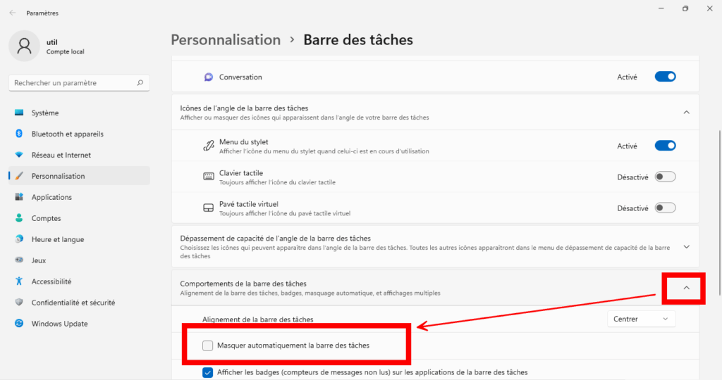 Masquer la barre de tache de Windows 11
