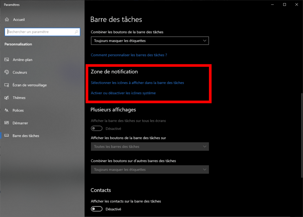 Menu zone de notification de Windows 10