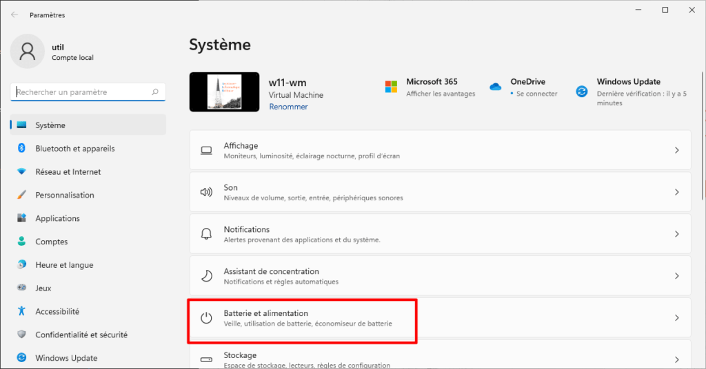 Batterie et alimentation de Windows 11