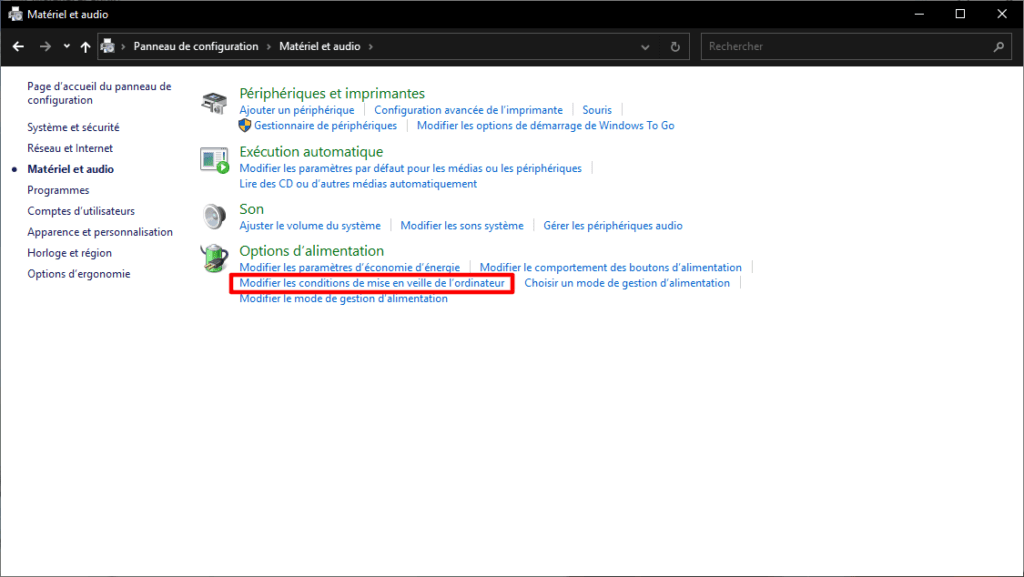 Modifier les conditions de mise en veille de Windows 10