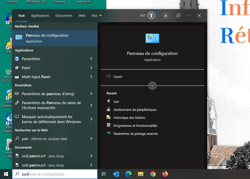 Accès au panneau de configuration de Windows 10