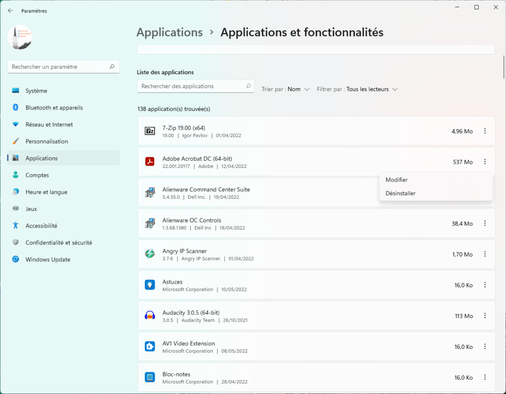 La fonction désinstaller / modifier des applications dans Windows 11
