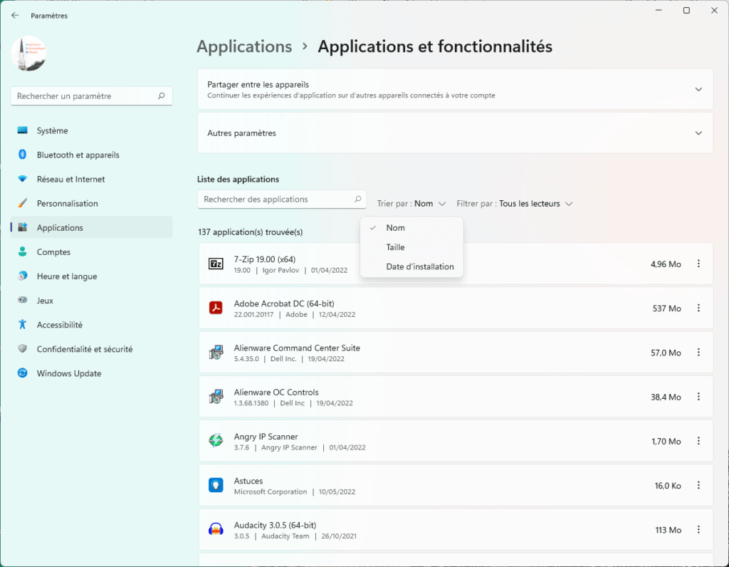 Trier les applications par taille