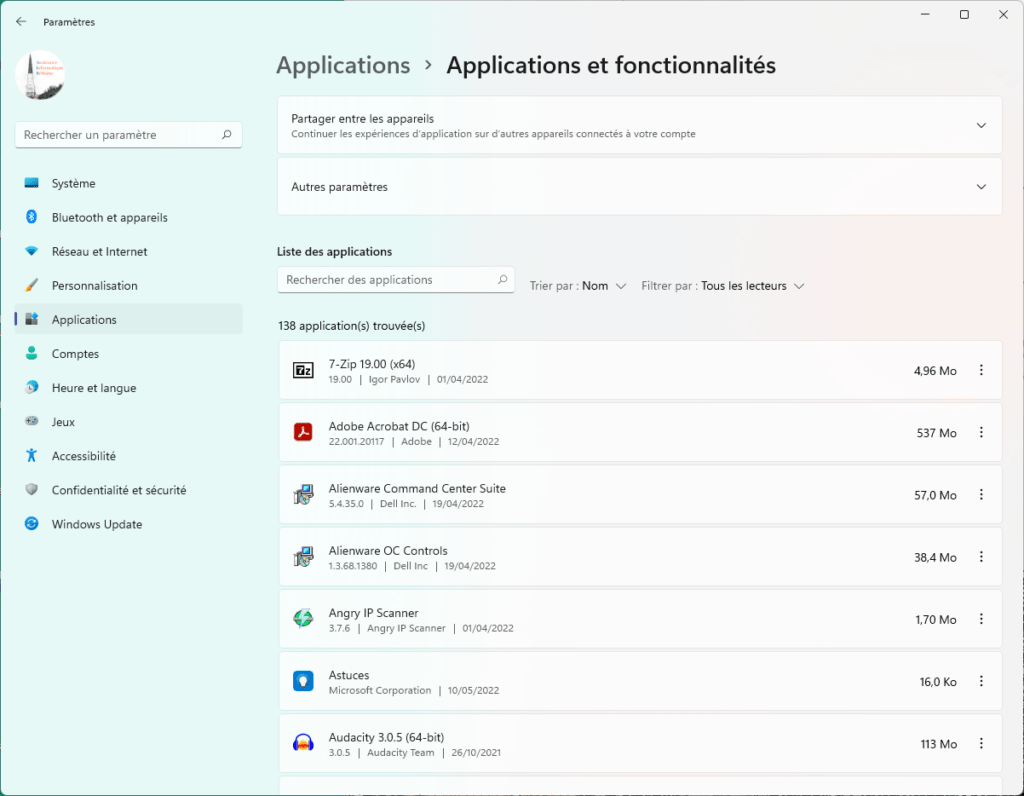 applications et fonctionnalités dans Windows 11
