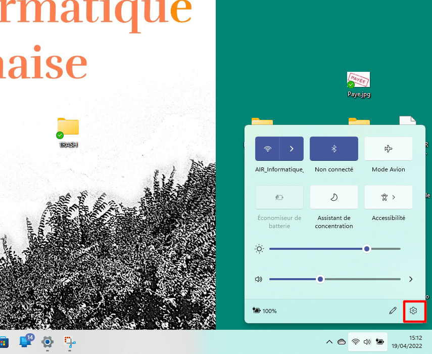 Icone Paramètres par l'accès rapide dans Windows 11