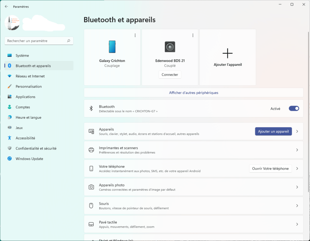 Le menu Bluetooth de Windows 11
