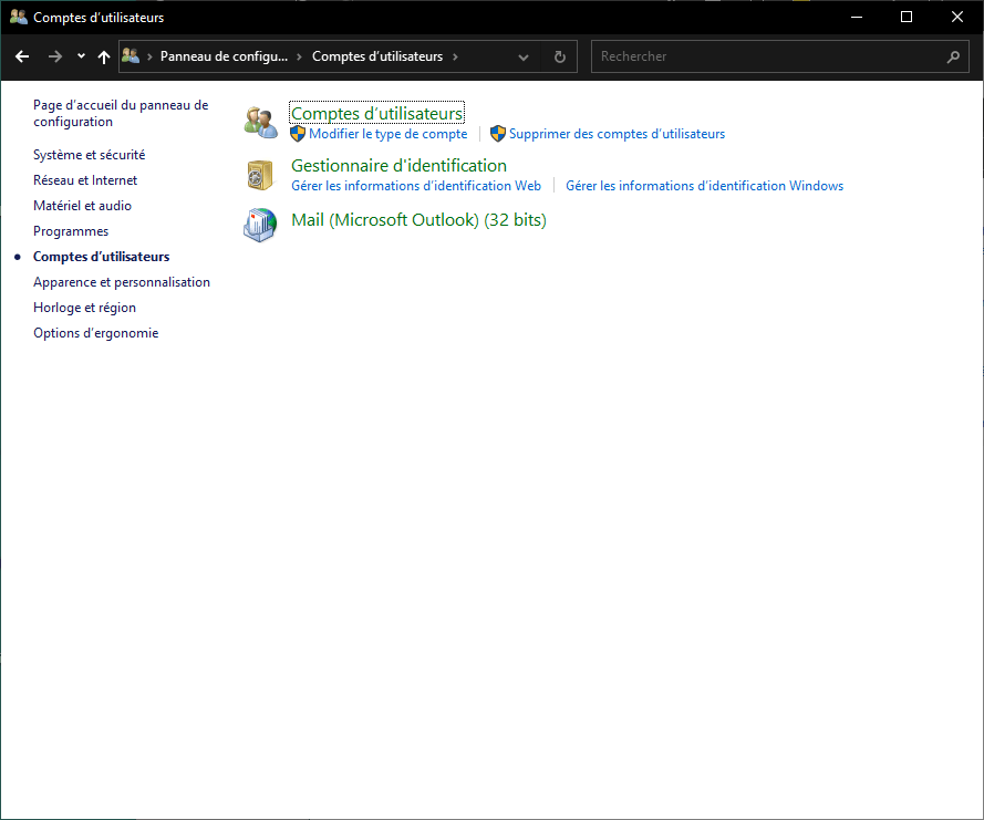 Le Menu Comptes d'utilisateurs de Windows 10