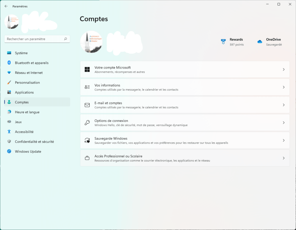 Le menu Comptes de Windows 11
