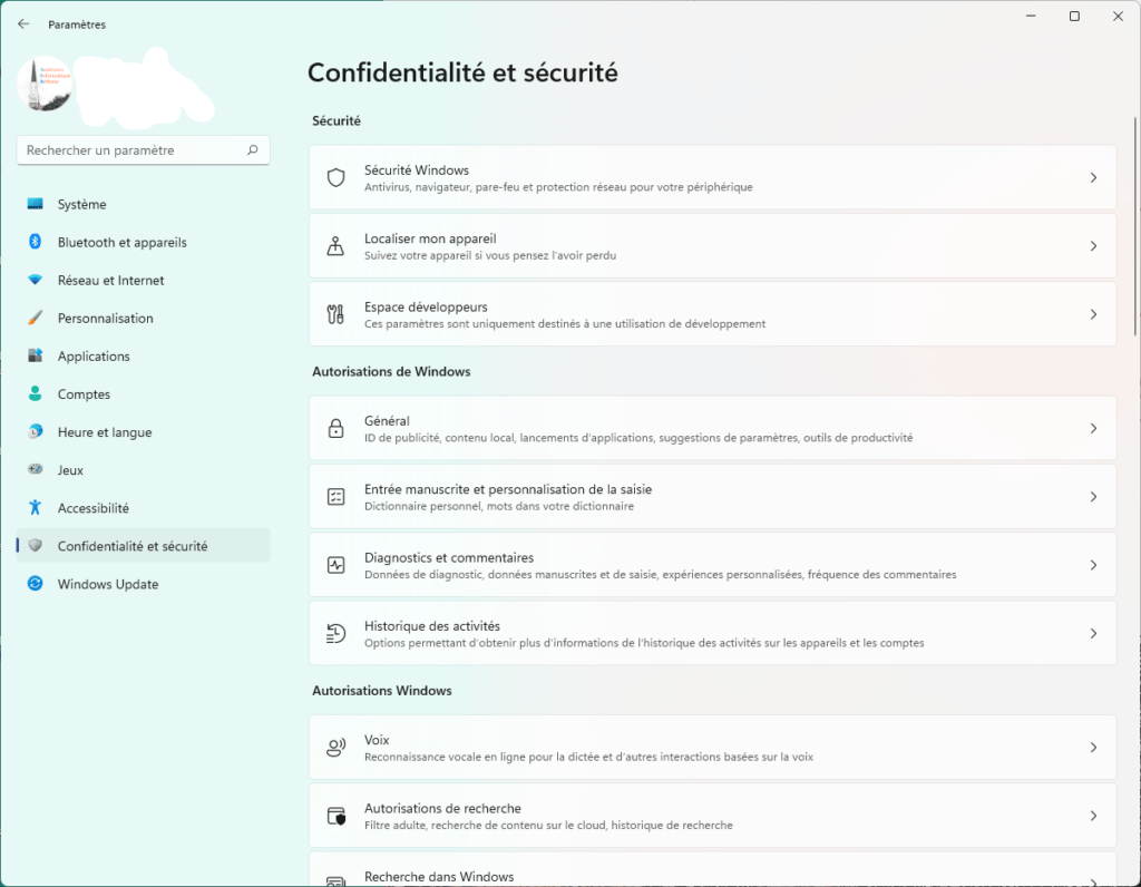 Le menu Confidentialité et sécurité de Windows 11
