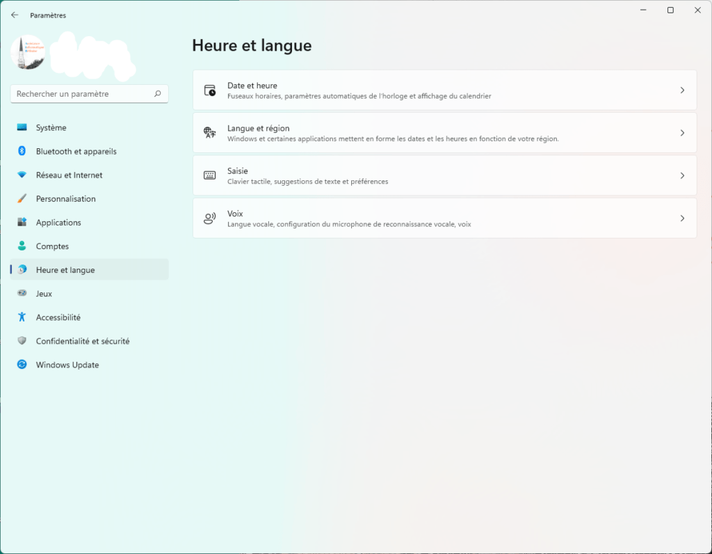 Le menu Heure et langue de Windows 11