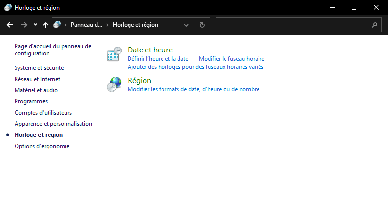 Le Menu Horloge et région de Windows 10