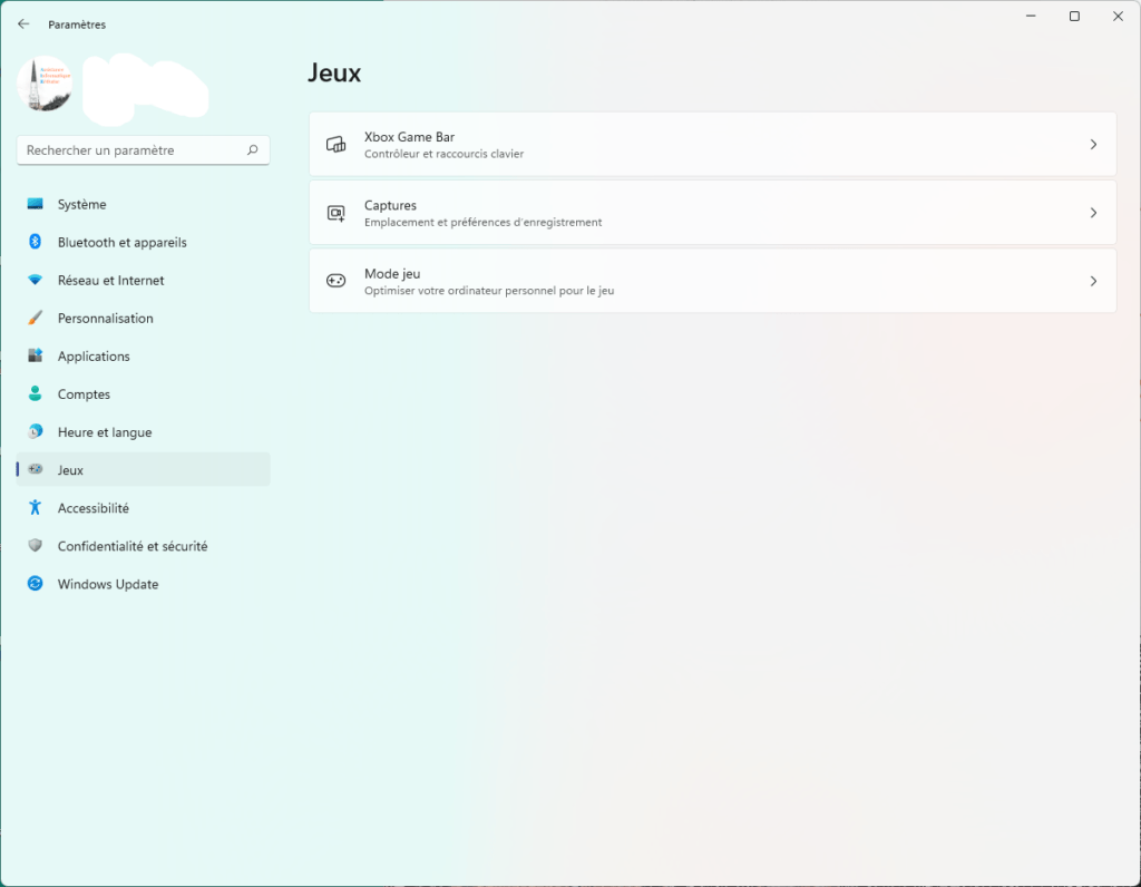 Le menu Jeux de Windows 11
