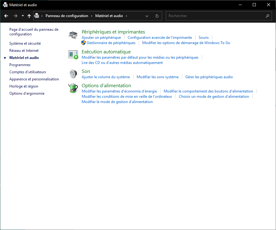 Le Menu Matériel et Audio de Windows 10