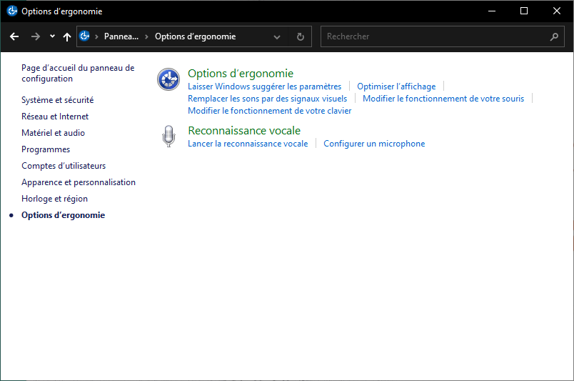 Le Menu Option d'ergonomie de Windows 10