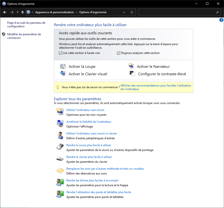 Les options d'ergonomie de windows 10