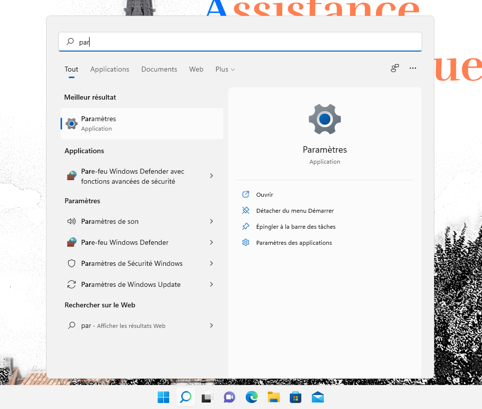 Paramètre dans Windows 11 via le menu démarrer