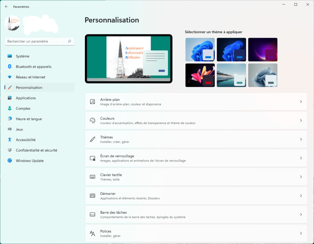 Le menu Personnalisation de Windows 11