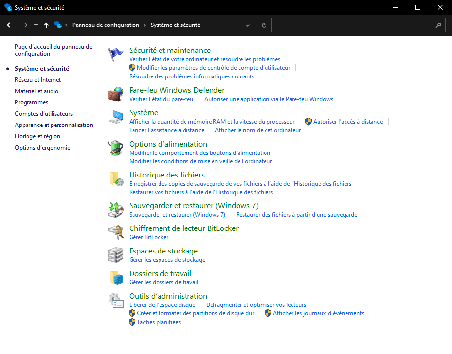Le menu Système et sécurité Windows 10