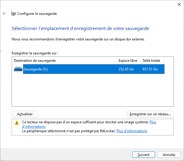 Sélection de l'emplacement de sauvegarde