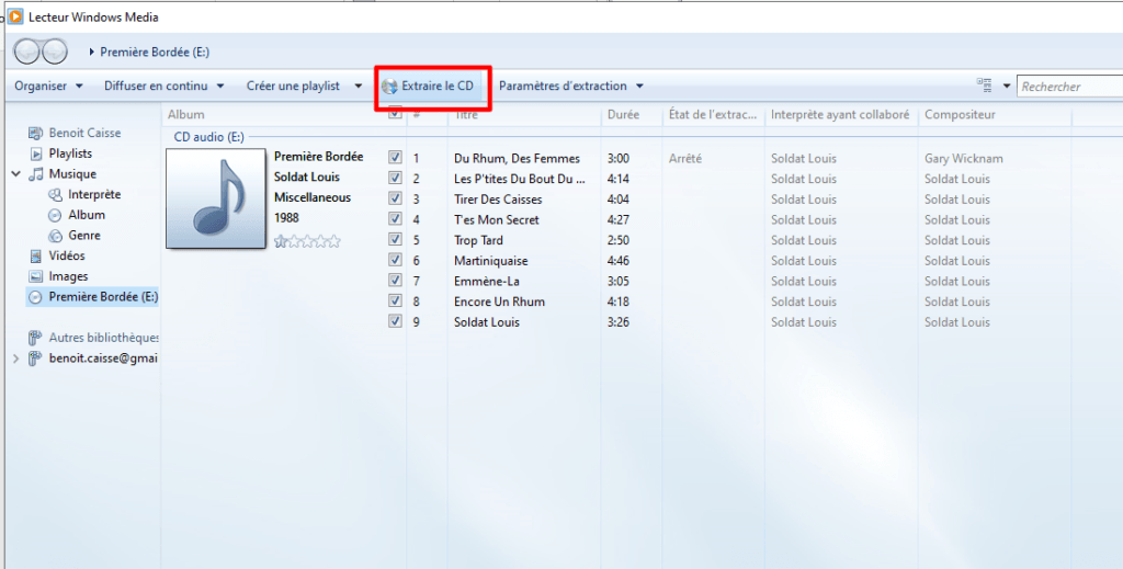 Lancer l'extraction, de Windows Media Player