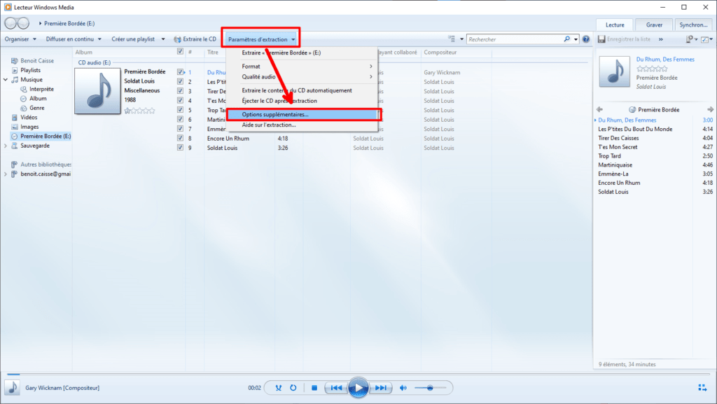 Gestion des paramètres d'extraction, de Windows Media Player