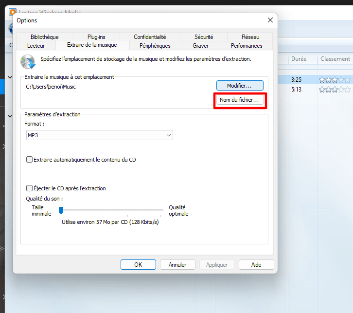 Gestion du nom d'extraction, de Windows Media Player