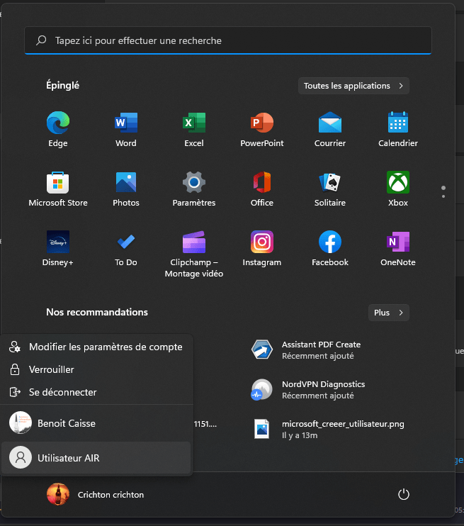 Changer d’utilisateur via le menu démarrer