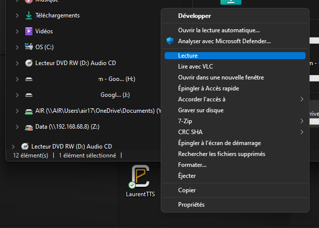 Lancer la  lecture d'un cd via le clic droit