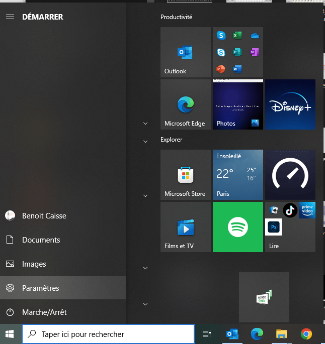 Accès aux Paramètres par le menu Démarrer de Windows 10