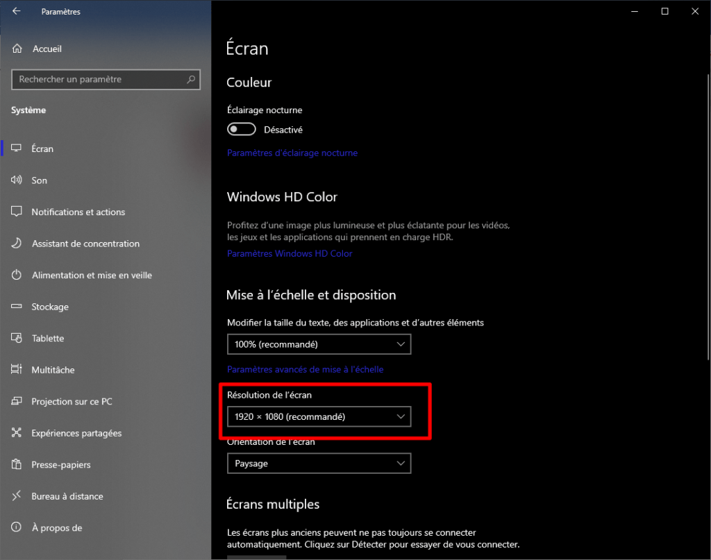 Modifier la résolution avec Windows 10