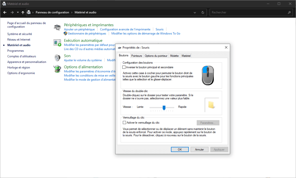 La vitesse du double clic dans windows 10