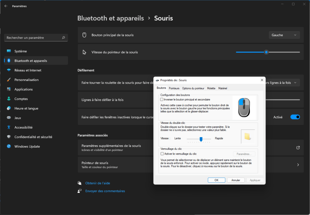 La vitesse du double clic dans Windows 11