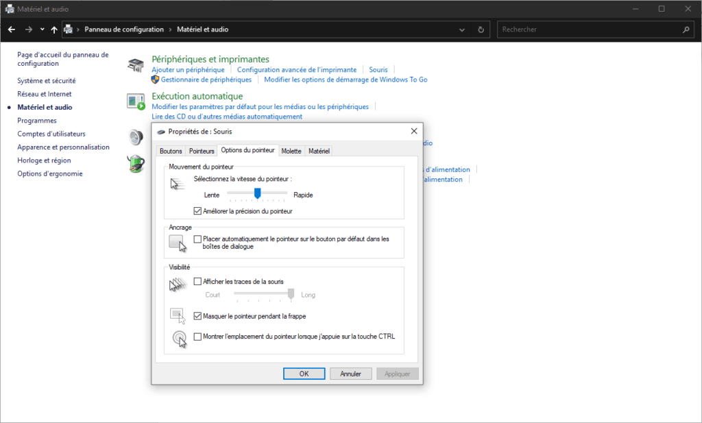 La vitesse de la souris dans Windows 10