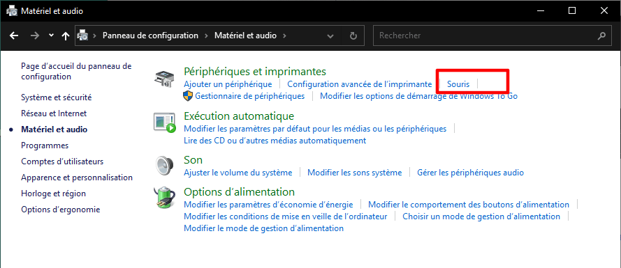 Accès aux paramètres de la souris avec Windows 10