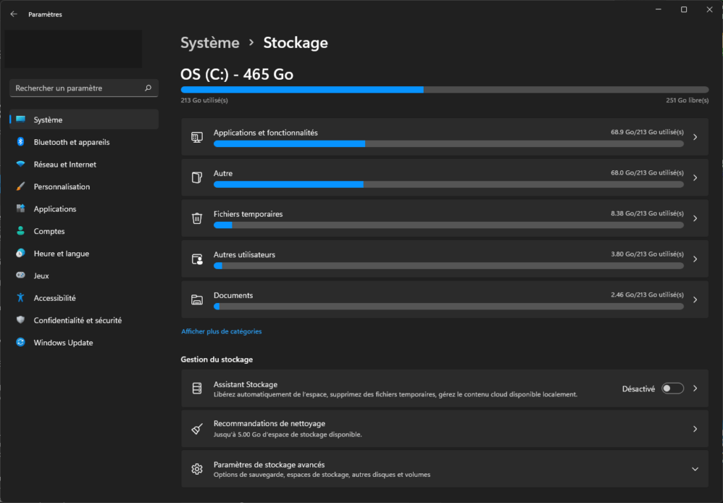 Le gestionnaire de stockage de Windows 11