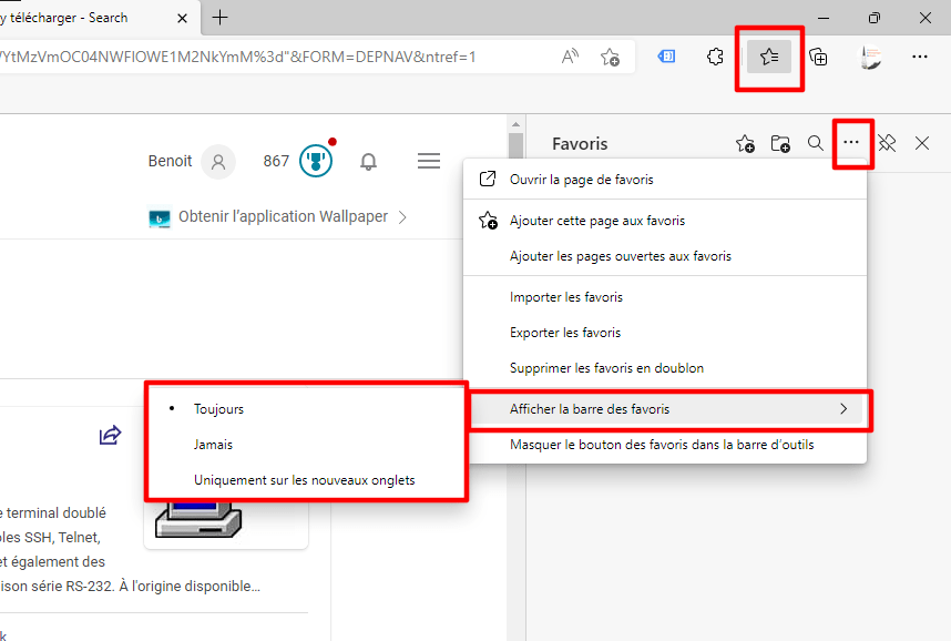 Afficher la barre de favoris de Edge